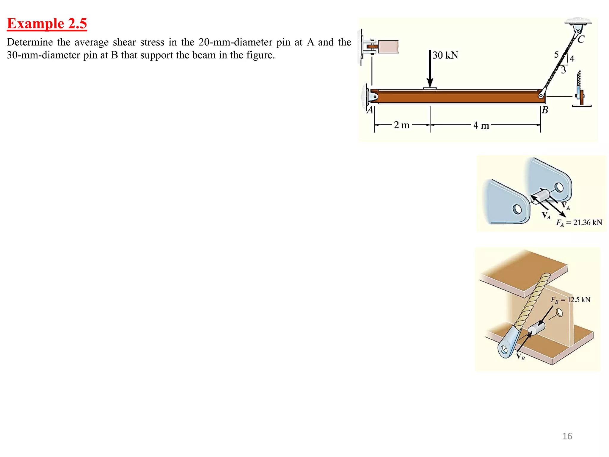 Example 2.5 
16 
Determine the average shear stress in the 20-mm-diameter pin at A and the 30-mm-diameter pin at B that support the beam in the figure.  
