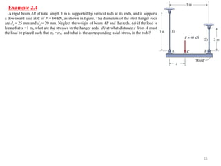 Example 2.4 
11 
A rigid beam AB of total length 3 m is supported by vertical rods at its ends, and it supports a downward load at C of P = 60 kN, as shown in figure. The diameters of the steel hanger rods are d1 = 25 mm and d2 = 20 mm. Neglect the weight of beam AB and the rods. (a) if the load is located at x =1 m, what are the stresses in the hanger rods. (b) at what distance x from A must the load be placed such that 1 =2 , and what is the corresponding axial stress, in the rods?  