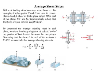 Average Shear Stress 
Different loading situations may arise, however. For example, if splice plates C and D are used to connect plates A and B, shear will take place in bolt HJ in each of two planes KK´ and LL´ (and similarly in bolt EG). The bolts are said to be in double shear. 
To determine the average shearing stress in each plane, we draw free-body diagrams of bolt HJ and of the portion of bolt located between the two planes. Observing that the shear P in each of the sections is P=F/2, we conclude that average shearing stress is 
14  