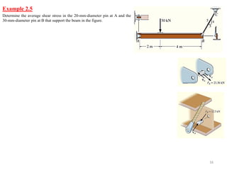 Example 2.5 
16 
Determine the average shear stress in the 20-mm-diameter pin at A and the 30-mm-diameter pin at B that support the beam in the figure.  