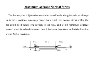 Maximum Average Normal Stress 
The bar may be subjected to several external loads along its axis, or change in its cross sectional area may occur. As a result, the normal stress within the bar could be different one section to the next, and if the maximum average normal stress is to be determined then it becomes important to find the location where P/A is maximum. 
7  