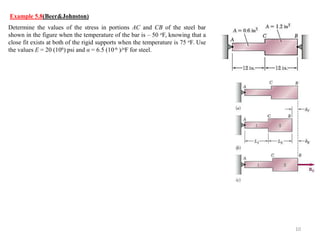 Example 5.8(Beer&Johnston) 
10 
Determine the values of the stress in portions AC and CB of the steel bar shown in the figure when the temperature of the bar is – 50 oF, knowing that a close fit exists at both of the rigid supports when the temperature is 75 oF. Use the values E = 20 (106) psi and α = 6.5 (10-6 )/oF for steel.  
