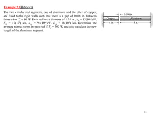 11 
Example 5.9(Hibbeler) 
The two circular rod segments, one of aluminum and the other of copper, are fixed to the rigid walls such that there is a gap of 0.008 in. between them when T1 = 60 0F. Each rod has a diameter of 1.25 in., αal = 13(10-6)/0F, Eal = 10(103) ksi, αcu = 9.4(10-6)/0F, Ecu = 18(103) ksi. Determine the average normal stress in each rod if T2 = 300 0F, and also calculate the new length of the aluminum segment.  