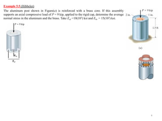 Example 5.5 (Hibbeler) 
The aluminum post shown in Figure(a) is reinforced with a brass core. If this assembly supports an axial compressive load of P = 9 kip, applied to the rigid cap, determine the average normal stress in the aluminum and the brass. Take Eal =10(103) ksi and Ebr = 15(103) ksi. 
4  