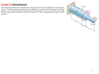 The horizontal shaft AD is attached to a fixed base at D and is subjected to the torques shown. A 44-mm-diameter hole has been drilled into portion CD of the shaft. Knowing that the entire shaft is made of steel for which G=77 GPa, determine the angle of twist at end A. 
10 
Example 5.12 (Beer&Johnston) 