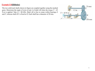 The two solid steel shafts shown in figure are coupled together using the meshed gears. Determine the angle of twist of end A of shaft AB when the torque T = 45 N.m is applied. Take G = 80 GPa. Shaft AB is free to rotate within bearings E and F, whereas shaft DC is fixed at D. Each shaft has a diameter of 20 mm. 
6 
Example 5.9(Hibbeler)  