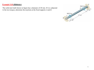 The solid steel shaft shown in figure has a diameter of 20 mm. If it is subjected to the two torques, determine the reactions at the fixed supports A and B. 
8 
Example 5.10 (Hibbeler)  