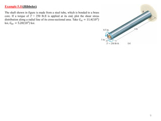 The shaft shown in figure is made from a steel tube, which is bonded to a brass core. If a torque of T = 250 lb.ft is applied at its end, plot the shear stress distribution along a radial line of its cross-sectional area. Take 퐺푠푡=11.4103 ksi, 퐺푏푟=5.20103 ksi. 
9 
Example 5.11(Hibbeler)  