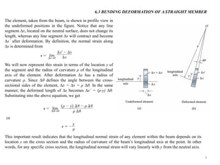 3 
The element, taken from the beam, is shown in profile view in the undeformed positions in the figure. Notice that any line segment x, located on the neutral surface, does not change its length, whereas any line segment s will contract and become s´ after deformation. By definition, the normal strain along s is determined from 
We will now represent this strain in terms of the location y of the segment and the radius of curvature ρ of the longitudinal axis of the element. After deformation x has a radius of curvature ρ. Since θ defines the angle between the cross- sectional sides of the element, x = s = ρ θ. In the same manner, the deformed length of s becomes s´ = (ρ-y) θ. Substituting into the above equation, we get 
6.3 BENDING DEFORMATION OF A STRAIGHT MEMBER 
This important result indicates that the longitudinal normal strain of any element within the beam depends on its location y on the cross section and the radius of curvature of the beam’s longitudinal axis at the point. In other words, for any specific cross section, the longitudinal normal strain will vary linearly with y from the neutral axis. 
 