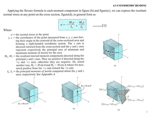 6.5 UNSYMMETRIC BENDING 
Applying the flexure formula to each moment component in figure (b) and figure(c), we can express the resultant normal stress at any point on the cross section, figure(d), in general form as 
................(1) 
Where 
2  