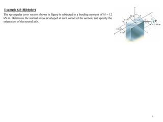 4 
Example 6.5 (Hibbeler) 
The rectangular cross section shown in figure is subjected to a bending moment of M = 12 kN.m. Determine the normal stress developed at each corner of the section, and specify the orientation of the neutral axis.  