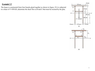 The beam is constructed from four boards glued together as shown in figure. If it is subjected to a shear of V=850 kN, determine the shear flow at B and C that must be resisted by the glue. 
4 
Example 7.7  