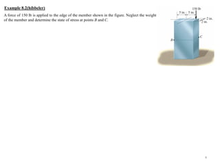 A force of 150 lb is applied to the edge of the member shown in the figure. Neglect the weight of the member and determine the state of stress at points B and C. 
4 
Example 8.2(hibbeler)  