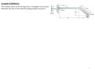 The member shown in the the figure has a rectangular cross section. Determine the state of stress that the loading produces at point C. 
5 
Example 8.3(Hibbeler)  