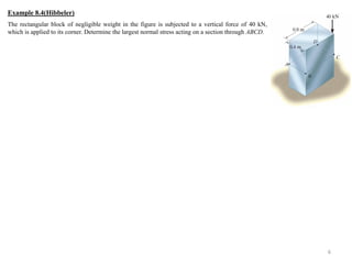 The rectangular block of negligible weight in the figure is subjected to a vertical force of 40 kN, which is applied to its corner. Determine the largest normal stress acting on a section through ABCD. 
6 
Example 8.4(Hibbeler)  