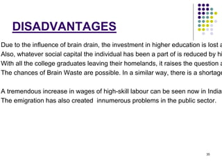 35 
DISADVANTAGES 
Due to the influence of brain drain, the investment in higher education is lost as Also, whatever social capital the individual has been a part of is reduced by his With all the college graduates leaving their homelands, it raises the question as The chances of Brain Waste are possible. In a similar way, there is a shortage A tremendous increase in wages of high-skill labour can be seen now in India. 
The emigration has also created innumerous problems in the public sector. 
 