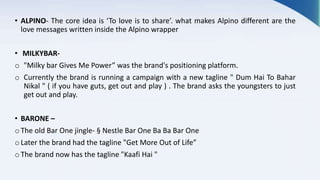• ALPINO- The core idea is ‘To love is to share’. what makes Alpino different are the
love messages written inside the Alpino wrapper
• MILKYBAR-
o "Milky bar Gives Me Power” was the brand's positioning platform.
o Currently the brand is running a campaign with a new tagline " Dum Hai To Bahar
Nikal " ( if you have guts, get out and play ) . The brand asks the youngsters to just
get out and play.
• BARONE –
oThe old Bar One jingle- § Nestle Bar One Ba Ba Bar One
oLater the brand had the tagline "Get More Out of Life”
oThe brand now has the tagline "Kaafi Hai "
 