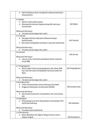  AJK Pendaftaran perlu mengambil maklumat kesihatan
setiap peserta
2.4 Media
 Banner masih dalam proses
 Menawarkan bantuan kepada setiap AJK sekiranya
memerlukan
Mesyuarat Bersetuju:
 Teruskan perancangan dan usaha
AJK Media
2.5 Teknikal
 Barangan teknikal tidak perlu dibawa ke tapak
perkhemahan
 Berusaha mendapatkan pembesar suara dari pihak kolej
Mesyuarat Bersetuju:
 Teruskan perancangan dan usaha
AJK Teknikal
2.6 Jamuan
Mesyuarat Bersetuju:
 Jamuan perlu membantu persediaan bahan makanan
untuk BBQ
AJK Jamuan
2.7 Pengangkutan
 Belum dapat kelulusan pengangkutan dari pihak UKM
dan akan berusaha mendapatkan kelulusan pada hari
Rabu.
Mesyuarat Bersetuju:
 Teruskan perancangan dan usaha
AJK Pengangkutan
2.8 Cenderamata
 Telah menyenaraikan senarai barang untuk dibeli
 Anggaran belanjawan cenderamata RM280
Mesyuarat bersetuju:
 AJK Cenderamata perlu menyediakan sijil untuk setiap
AJK
AJK Cenderamata
2.9 Kebajikan
 Pihak pengurusan kem Alang Sedayu menyediakan first
aid kit dan belerang
Mesyuarat Bersetuju:
 Teruskan usaha sekretariat
AJK Kebajikan
2.10 Kerohanian
 Qiam dibatalkan dan diganti dengan bacaan yaasin
selepas magrib AJK Kerohanian
 