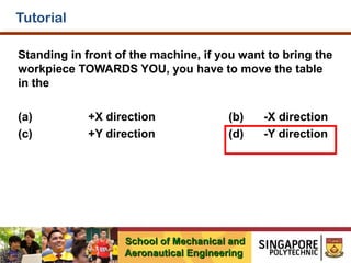 Tutorial
Standing in front of the machine, if you want to bring the
workpiece TOWARDS YOU, you have to move the table
in the
(a)
(c)

+X direction
+Y direction

(b)
(d)

School of Mechanical and
Aeronautical Engineering

-X direction
-Y direction

 