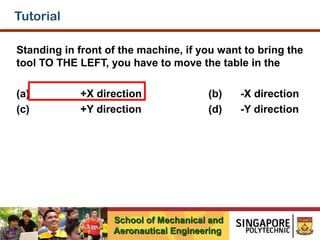 Tutorial
Standing in front of the machine, if you want to bring the
tool TO THE LEFT, you have to move the table in the
(a)
(c)

+X direction
+Y direction

(b)
(d)

School of Mechanical and
Aeronautical Engineering

-X direction
-Y direction

 