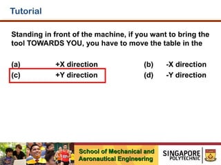 Tutorial
Standing in front of the machine, if you want to bring the
tool TOWARDS YOU, you have to move the table in the
(a)
(c)

+X direction
+Y direction

(b)
(d)

School of Mechanical and
Aeronautical Engineering

-X direction
-Y direction

 