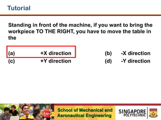 Tutorial
Standing in front of the machine, if you want to bring the
workpiece TO THE RIGHT, you have to move the table in
the
(a)
(c)

+X direction
+Y direction

(b)
(d)

School of Mechanical and
Aeronautical Engineering

-X direction
-Y direction

 