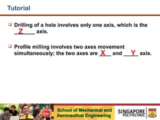 Tutorial


Drilling of a hole involves only one axis, which is the
_______ axis.
Z



Profile milling involves two axes movement
simultaneously; the two axes are ____ and _____ axis.
X
Y

School of Mechanical and
Aeronautical Engineering

 