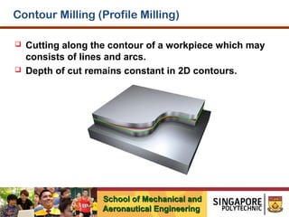 Contour Milling (Profile Milling)




Cutting along the contour of a workpiece which may
consists of lines and arcs.
Depth of cut remains constant in 2D contours.

School of Mechanical and
Aeronautical Engineering

 