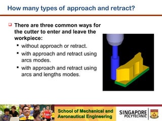 How many types of approach and retract?


There are three common ways for
the cutter to enter and leave the
workpiece:
 without approach or retract.
 with approach and retract using
arcs modes.
 with approach and retract using
arcs and lengths modes.

School of Mechanical and
Aeronautical Engineering

 