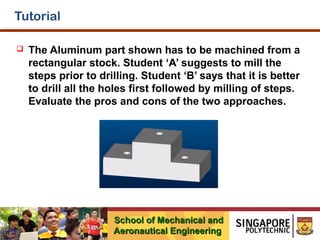 Tutorial


The Aluminum part shown has to be machined from a
rectangular stock. Student ‘A’ suggests to mill the
steps prior to drilling. Student ‘B’ says that it is better
to drill all the holes first followed by milling of steps.
Evaluate the pros and cons of the two approaches.

School of Mechanical and
Aeronautical Engineering

 