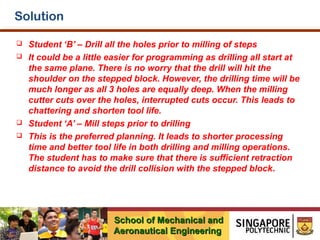 Solution






Student ‘B’ – Drill all the holes prior to milling of steps
It could be a little easier for programming as drilling all start at
the same plane. There is no worry that the drill will hit the
shoulder on the stepped block. However, the drilling time will be
much longer as all 3 holes are equally deep. When the milling
cutter cuts over the holes, interrupted cuts occur. This leads to
chattering and shorten tool life.
Student ‘A’ – Mill steps prior to drilling
This is the preferred planning. It leads to shorter processing
time and better tool life in both drilling and milling operations.
The student has to make sure that there is sufficient retraction
distance to avoid the drill collision with the stepped block.

School of Mechanical and
Aeronautical Engineering

 
