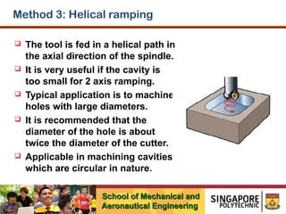 Method 3: Helical ramping










The tool is fed in a helical path in
the axial direction of the spindle.
It is very useful if the cavity is
too small for 2 axis ramping.
Typical application is to machine
holes with large diameters.
It is recommended that the
diameter of the hole is about
twice the diameter of the cutter.
Applicable in machining cavities
which are circular in nature.
School of Mechanical and
Aeronautical Engineering

 