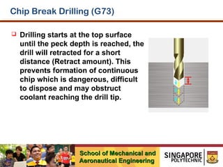 Chip Break Drilling (G73)


Drilling starts at the top surface
until the peck depth is reached, the
drill will retracted for a short
distance (Retract amount). This
prevents formation of continuous
chip which is dangerous, difficult
to dispose and may obstruct
coolant reaching the drill tip.

School of Mechanical and
Aeronautical Engineering

 