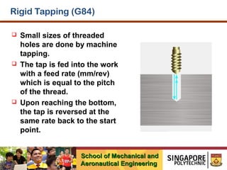 Rigid Tapping (G84)






Small sizes of threaded
holes are done by machine
tapping.
The tap is fed into the work
with a feed rate (mm/rev)
which is equal to the pitch
of the thread.
Upon reaching the bottom,
the tap is reversed at the
same rate back to the start
point.
School of Mechanical and
Aeronautical Engineering

 