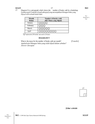 SULIT 50/2 
50/2 © 2008 Hak Cipta Panitia Matematik SMK Kabong SULIT 
17 
17 Diagram 9 is a pictograph which shows the number of books sold by a bookshop. 
Gambarajah 9 adalah sebuah piktograf yang menunjukkan bilangan buku yang 
Dijual oleh sebuah kedai buku. 
Month Bulan Number of books sold (Bil. Buku yang dijual) 
January 
☺☺☺☺ 
February 
☺☺☺ 
March 
☺☺☺☺☺ 
April 
☺☺☺☺☺☺☺☺ 
☺ represents 20 books/ mewakili 20 buku 
DIAGRAM 9 
What is the mean for the number of books sold per month? [3 marks] 
Apakah min bilangan buku yang telah dijual dalam sebulan? 
Answer /Jawapan 
[Lihat sebelah 
171 
3 
For 
Examiner’s 
Use 
For 
Examiner’s 
Use  