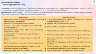 Copyright © Jayanti Rajdevendra Pande (ProNotesJRP), 2024 and beyond. All rights reserved
Q9. Differentiate between
1 Advertising and personal selling
Advertising: Advertising is a paid form of communication intended to inform or persuade a large audience about products, services, or ideas. It
is typically one-way communication through various media such as TV, print, radio, or digital platforms.
Personal Selling: Personal selling is a face-to-face interaction between a salesperson and a prospective buyer. It is a direct communication tool
aimed at creating a personal connection to influence buying decisions.
Advertising Personal Selling
• A paid form of communication designed to inform or persuade
a broad audience through media.
• A direct, personal interaction between a salesperson and a potential
customer aimed at closing a sale.
• Impersonal and mass communication method. • Personal, direct interaction with customers.
• Can reach a large audience through mediums like TV, radio,
and online platforms.
• Limited reach, as it is one-on-one interaction.
• Typically lower cost per contact but can require a substantial
budget for mass media.
• Higher cost due to salesperson salaries, commissions, and training.
• Indirect feedback from audience through sales figures or
market research.
• Immediate feedback from customers, allowing quick adjustments.
• Marketers control the message, timing, and medium of
delivery.
• Salesperson controls the interaction and message delivery based on
the situation.
• Effective for creating awareness and reaching large segments.
• Effective for closing sales, especially in complex or high-involvement
purchases.
• Long-lasting impact depending on the frequency of ads. • Short-term impact as it depends on the interaction and follow-up.
• Standardized message for all viewers. • Customized message tailored to each individual customer.
• Primarily to inform, persuade, or remind a broad audience. • To build relationships, answer questions, and close sales.
 