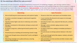 Copyright © Jayanti Rajdevendra Pande (ProNotesJRP), 2024 and beyond. All rights reserved
Q5. How advertising is different from sales promotion?
Advertising and sales promotion are two fundamental components of marketing strategies, each serving a distinct role in
promoting a brand or product. Advertising is focused on creating awareness and building a long-term brand presence. It helps in
positioning the brand in the minds of consumers. Sales promotion, on the other hand, focuses on short-term tactics to boost
immediate sales, drive customer traffic, and create urgency. Both are vital, but their purposes, execution, and outcomes differ.
Advertising Sales Promotion
• Aims to build long-term brand awareness and customer loyalty. • Focuses on short-term sales boosts and immediate results.
• It involves a consistent message to create brand recognition
over time.
• It uses incentives like discounts and coupons to encourage
immediate purchases.
• Typically involves higher costs due to media buys and creative
production.
• Generally has lower costs, using tools like discounts, contests,
or samples.
• Message is emotional or informational, aiming to connect with
consumers.
• Message is action-oriented, urging customers to take
immediate action.
• Its impact is long-term, reinforcing the brand’s position in the
market.
• Its impact is short-term, leading to immediate purchases or
promotions.
• Primarily focuses on building and maintaining a brand's image.
• Primarily focuses on driving customer behavior in the short
run.
• Can be seen through various channels like TV, print, and digital
media.
• Can be seen through tactics like coupons, contests, and point-
of-purchase displays.
• Advertising campaigns are usually continuous, ensuring
constant brand exposure.
• Sales promotions are time-sensitive and often include a clear
start and end date.
 
