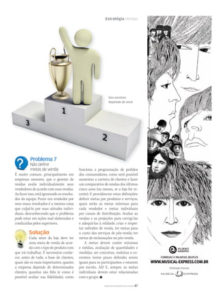 Estratégia Vendas
WWW.MUSICAEMERCADO.COM.BR 87
Problema 7
Não deﬁnir
metas de venda
É muito comum, principalmente em
empresas menores, que o gerente de
vendas avalie individualmente seus
vendedoresdeacordocomsuasvendas.
Aofazerisso,estáignorandoosresulta-
dos da equipe. Punir um vendedor por
seus maus resultados é a mesma coisa
que culpá-lo por suas atitudes indivi-
duais, desconhecendo que o problema
pode estar em ações mal elaboradas e
conduzidas pelos superiores.
Solução
Cada setor da loja deve ter
uma meta de venda de acor-
do com o tipo de produto com
que irá trabalhar. É necessário conhe-
cer, antes de tudo, a base de clientes,
quais são os mais importantes, quanto
a empresa depende de determinados
clientes, quantos são fiéis (e como é
possível avaliar sua fidelidade), como
funciona a programação de pedidos
dos consumidores, como será possível
aumentar a carteira de clientes e fazer
um comparativo de vendas dos últimos
cinco anos (ou menos, se a loja for re-
cente). E providenciar estas definições:
definir metas por produtos e serviços,
quais serão as metas mínimas para
cada vendedor e metas individuais
por canais de distribuição. Avaliar as
vendas e as projeções para corrigi-las
e adequá-las à relidade; criar e respei-
tar métodos de venda, ter metas para
o custo dos serviços de pós-venda; ter
metas de reclamações no pós-venda.
A metas devem conter mínimos
e médias, avaliação de quantidades e
medidas, ser concretas, realistas e co-
erentes; terem prazo definido; serem
iguais para os participantes; e estarem
por escrito. Ah! E, sempre, as metas
individuais devem estar relacionadas
com o grupo. 
Solução
Cada setor da loja deve ter
Seu sucesso
depende de você
PlanetWaveséumamarcaregistradadaD’AddarioCompany,Inc.oudeseusaﬁliadosnosEUAe/ououtrospaíses.©2009D’AddarioCompany,Inc.Todosdireitosreservados.©2009AppleCorpsLtd.UmprodutoBeatles™.Todosdireitosreservados.
CORREIAS E PALHETAS BEATLES
WWW.MUSICAL-EXPRESS.COM.BR
Distribuição Exclusiva:
mm44_vendas.indd 87 09/09/2009 02:54:44
 