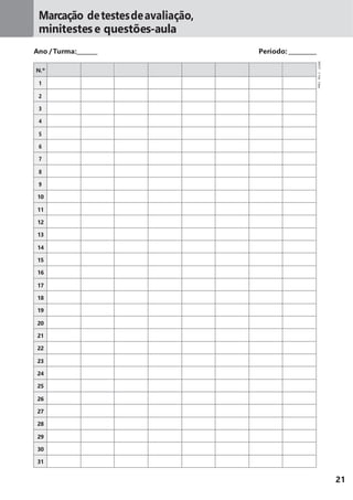 21
Marcação detestesdeavaliação,
minitestese questões-aula
Ano /Turma: Período:
N.º
1
2
3
4
5
6
7
8
9
10
11
12
13
14
15
16
17
18
19
20
21
22
23
24
25
26
27
28
29
30
31
MM5DP©PortoEditora
 