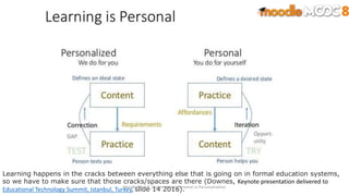 Learning happens in the cracks between everything else that is going on in formal education systems,
so we have to make sure that those cracks/spaces are there (Downes, Keynote presentation delivered to
Educational Technology Summit, Istanbul, Turkey, slide 14 2016).MoodleMooc8_Ossiannilsson_Personal vs Personalization
 
