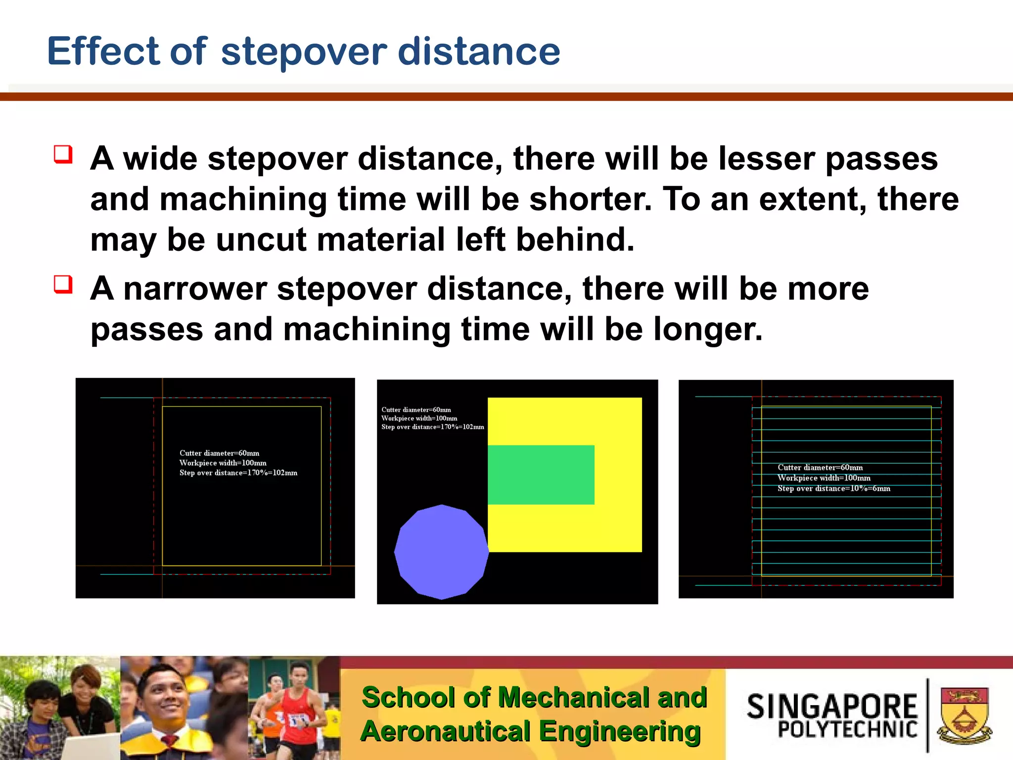 Effect of stepover distance




A wide stepover distance, there will be lesser passes
and machining time will be shorter. To an extent, there
may be uncut material left behind.
A narrower stepover distance, there will be more
passes and machining time will be longer.

School of Mechanical and
Aeronautical Engineering

 