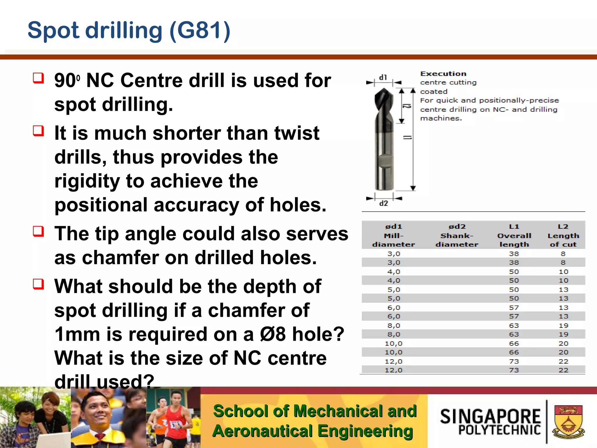 Spot drilling (G81)








90o NC Centre drill is used for
spot drilling.
It is much shorter than twist
drills, thus provides the
rigidity to achieve the
positional accuracy of holes.
The tip angle could also serves
as chamfer on drilled holes.
What should be the depth of
spot drilling if a chamfer of
1mm is required on a Ø8 hole?
What is the size of NC centre
drill used?
School of Mechanical and
Aeronautical Engineering

 