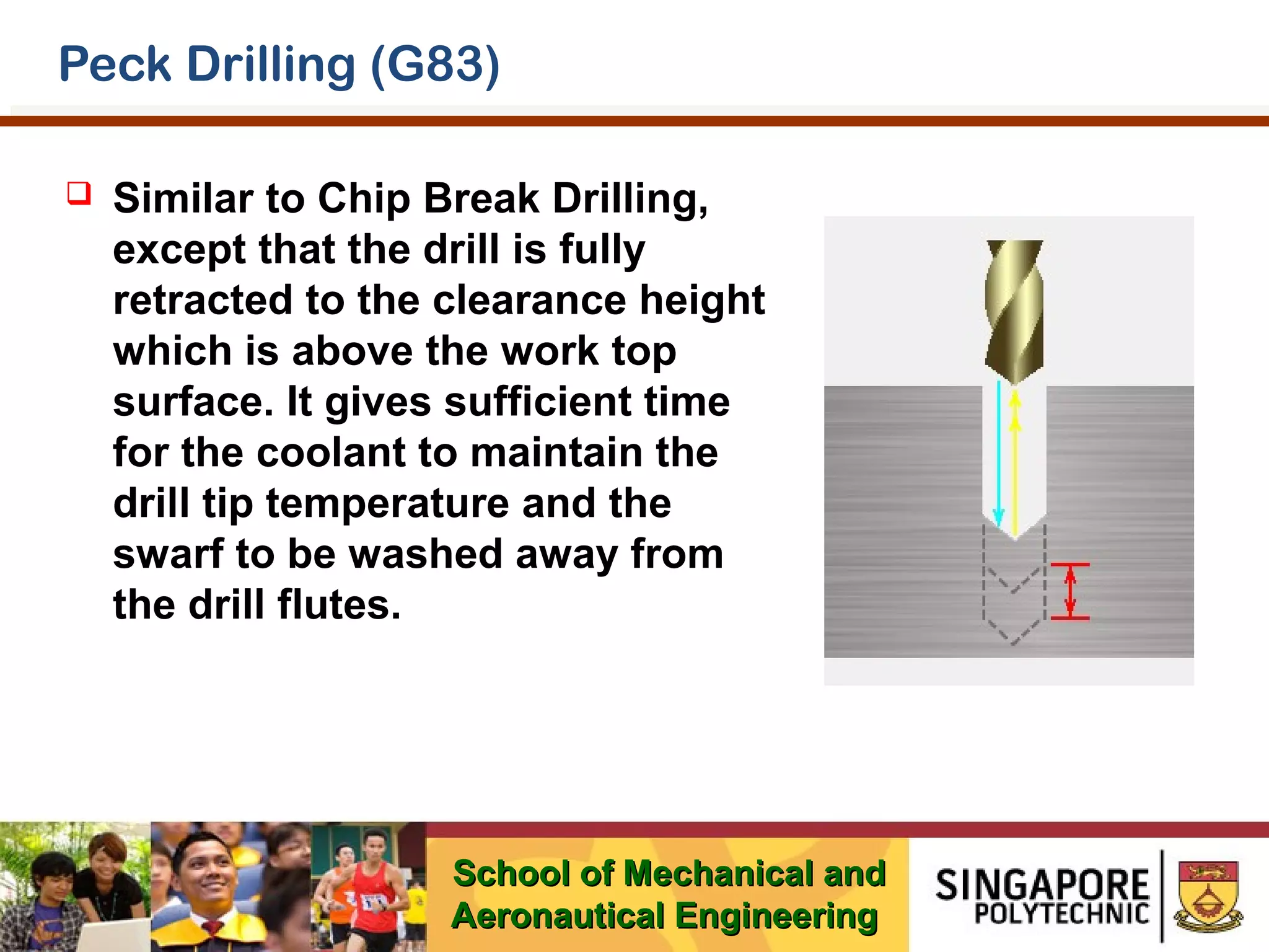Peck Drilling (G83)


Similar to Chip Break Drilling,
except that the drill is fully
retracted to the clearance height
which is above the work top
surface. It gives sufficient time
for the coolant to maintain the
drill tip temperature and the
swarf to be washed away from
the drill flutes.

School of Mechanical and
Aeronautical Engineering

 