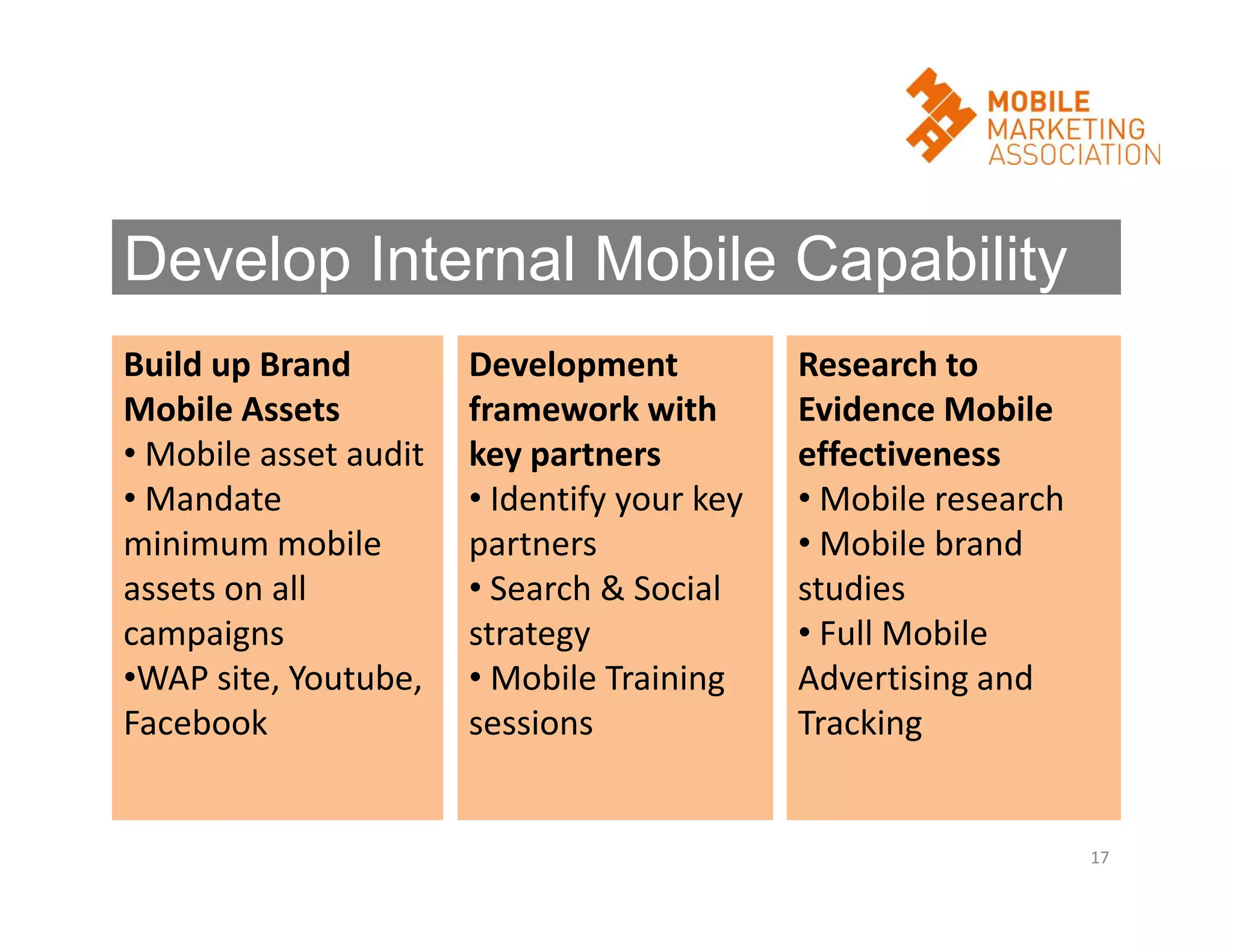 Develop Internal Mobile Capability
Build up Brand
Mobile Assets
• Mobile asset audit
• Mandate
minimum mobile
assets on all
campaigns
•WAP site, Youtube,
Facebook

Development
framework with
key partners
• Identify your key
partners
• Search & Social
strategy
• Mobile Training
sessions

Research to
Evidence Mobile
effectiveness
• Mobile research
• Mobile brand
studies
• Full Mobile
Advertising and
Tracking

17

 