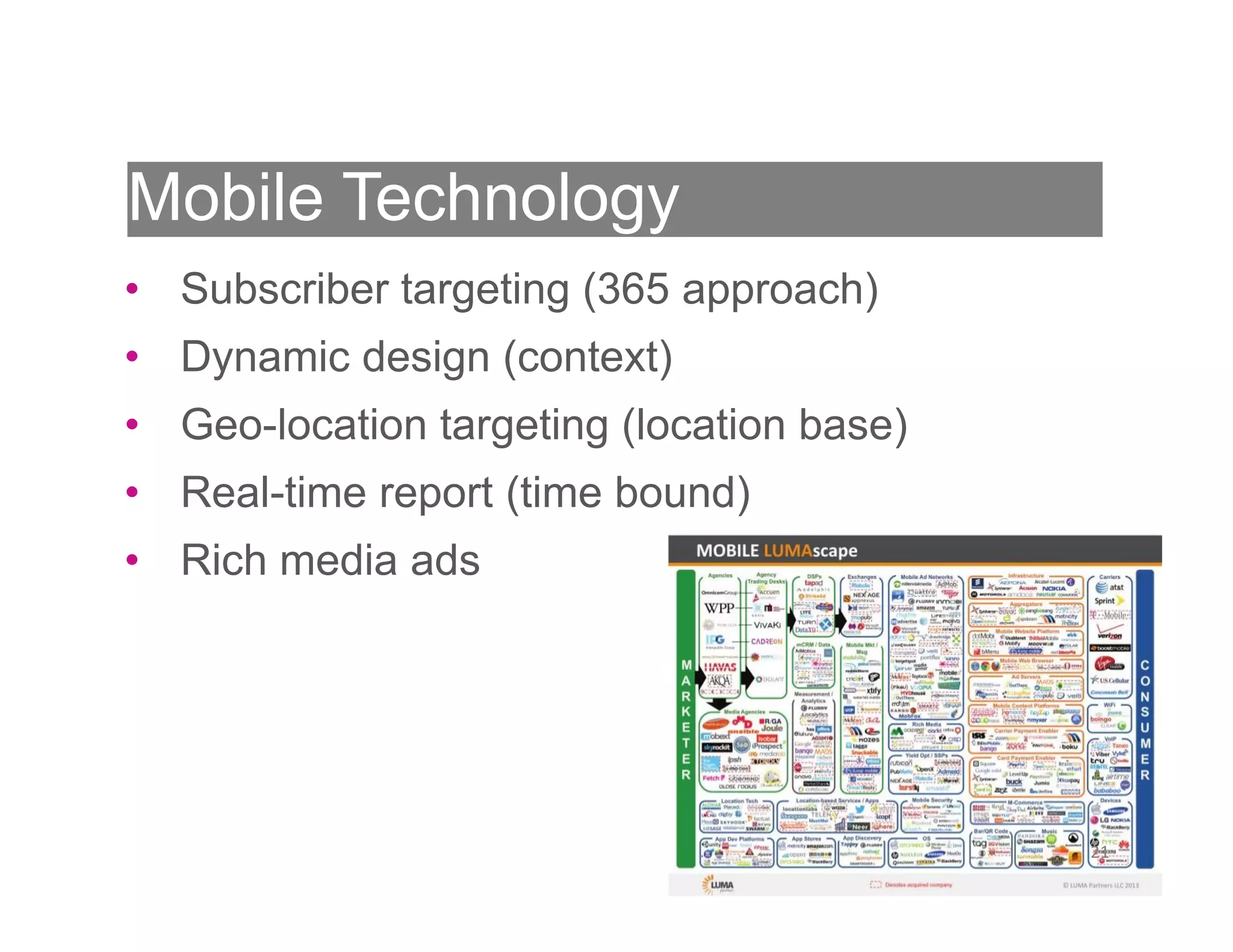 Mobile Technology
• Subscriber targeting (365 approach)
• Dynamic design (context)
• Geo-location targeting (location base)
• Real-time report (time bound)
• Rich media ads

21

21

 