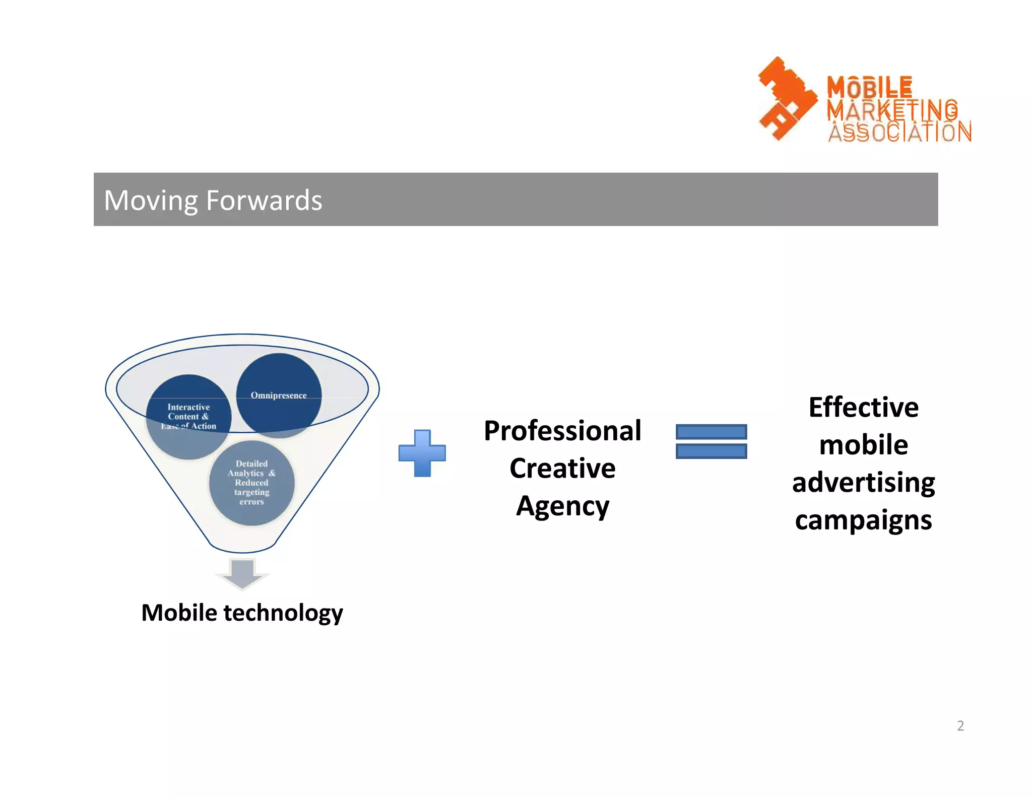 Moving Forwards

Omnipresence
Interactive
Content &
Ease of Action

Detailed
Analytics &
Reduced
targeting
errors

Mobile technology

Professional
Creative
Agency

Effective
mobile
advertising
campaigns

 