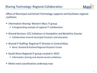12
Sharing Technology: Regional Collaboration
Office of Municipal and School Technology supports and facilitates regional
coalitions
 Information Sharing: Western Mass IT group
 A longstanding example of regional IT collaboration
 Shared Services: CCC Initiatives in Hampshire and Berkshire County
 Collaboration around municipal functions and education
 Shared IT Staffing: Regional IT Director in Central Mass
 Barre, Rutland & Rutland Regional Dispatch Center
 South Shore Regional IT group created in 2015
 Information sharing and shared-service ambitions
 Metro-west coordination underway now
 