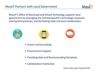 6
MassIT Partners with Local Government
MassIT’s Office of Municipal and School Technology supports local
government by leveraging the Commonwealth’s technology resources,
sharing best practices, and facilitating state and local collaboration.
 Grants and Consulting
 Procurement Support
 Providing Data and Recommending Standards
 Collaboration Facilitation
www.mass.gov/massit/omst
 