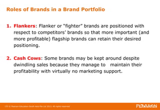 Roles of Brands in a Brand Portfolio 
1. Flankers: Flanker or “fighter” brands are positioned with 
respect to competitors’ brands so that more important (and 
more profitable) flagship brands can retain their desired 
positioning. 
2. Cash Cows: Some brands may be kept around despite 
dwindling sales because they manage to maintain their 
profitability with virtually no marketing support. 
122 © Pearson Education South Asia Pte Ltd 2013. All rights reserved 
 