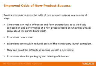 Improved Odds of New-Product Success 
Brand extensions improve the odds of new product success in a number of 
ways: 
• Consumers can make inferences and form expectations as to the likely 
composition and performance of a new product based on what they already 
know about the parent brand itself. 
• Extensions reduce risk. 
• Extensions can result in reduced costs of the introductory launch campaign. 
• They can avoid the difficulty of coming up with a new name. 
• Extensions allow for packaging and labeling efficiencies. 
125 © Pearson Education South Asia Pte Ltd 2013. All rights reserved 
 